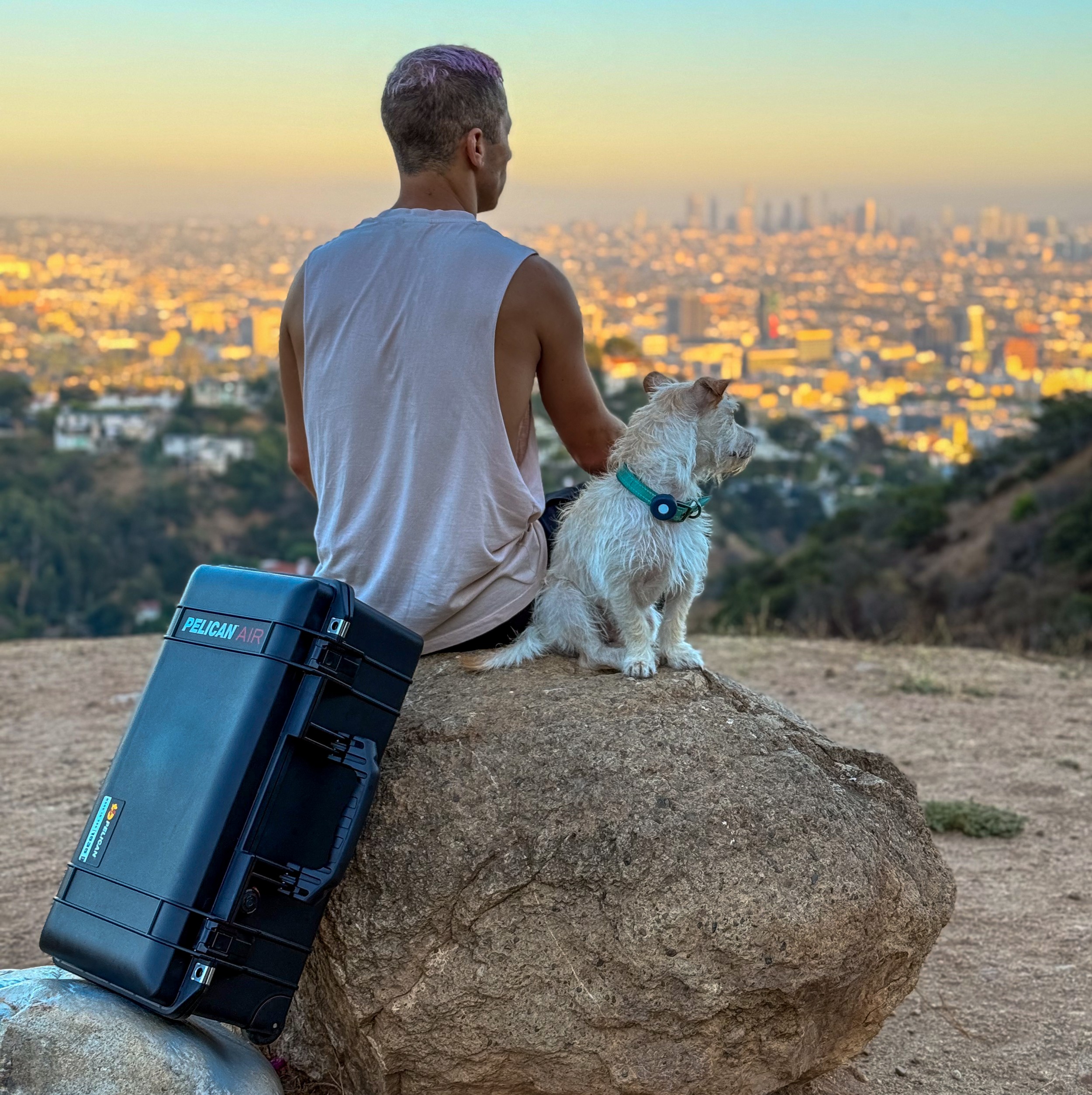 Adventurer with a case, overlooking a city