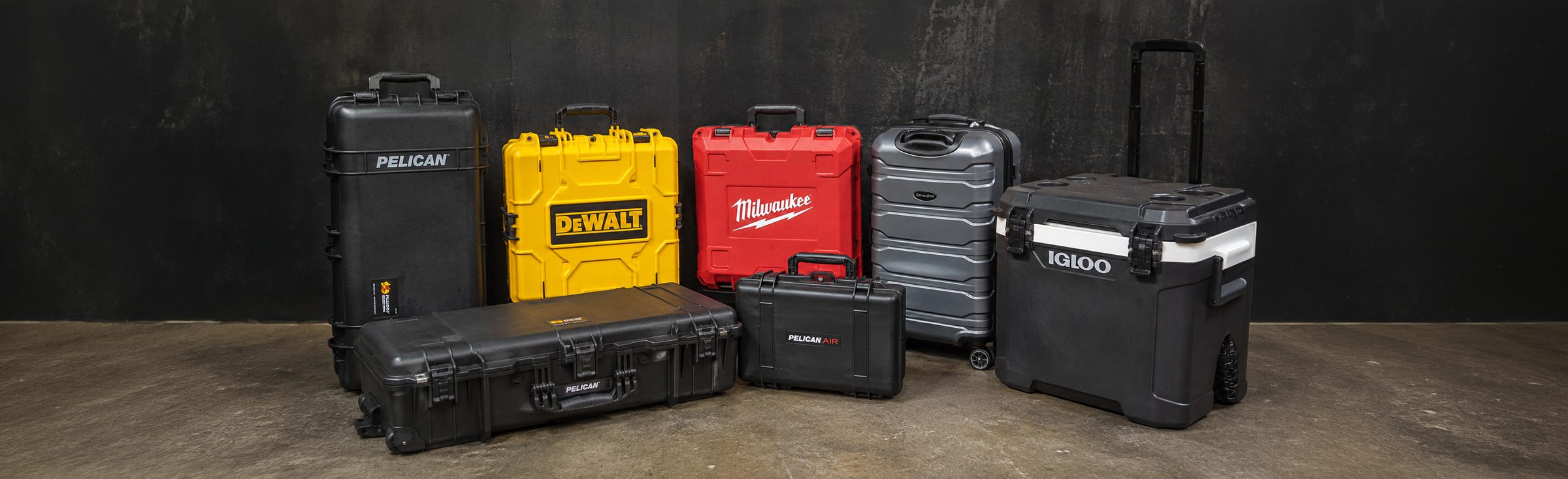 Lineup of compatible hard cases from Pelican, DeWalt, Milwaukee and others