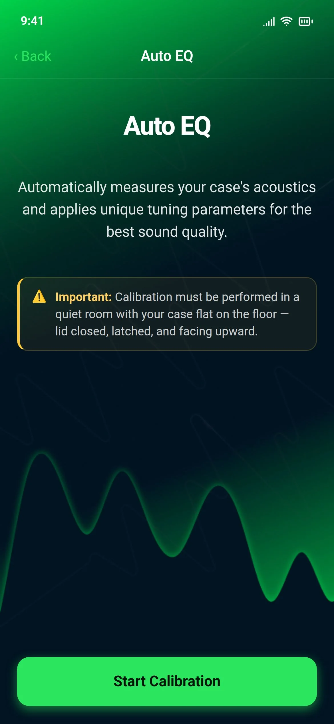 Auto EQ start screen in the ExciteWave app, with instructions to place the case flat in a quiet room and a Start Calibration button