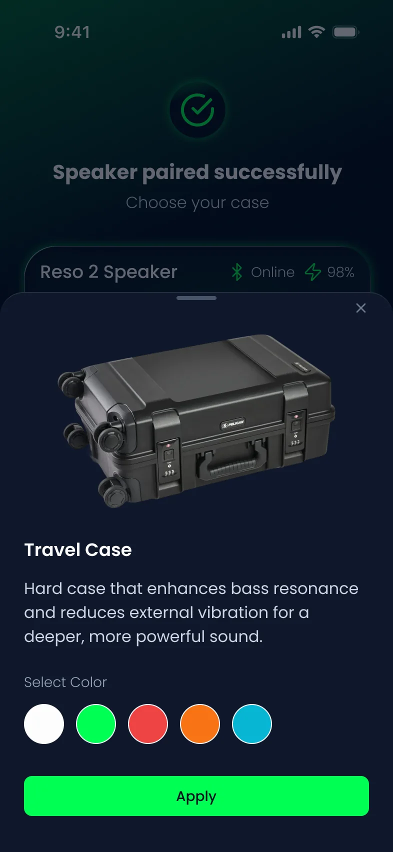 Pairing success screen with a Choose your case sheet showing a Travel Case, five color options and an Apply button