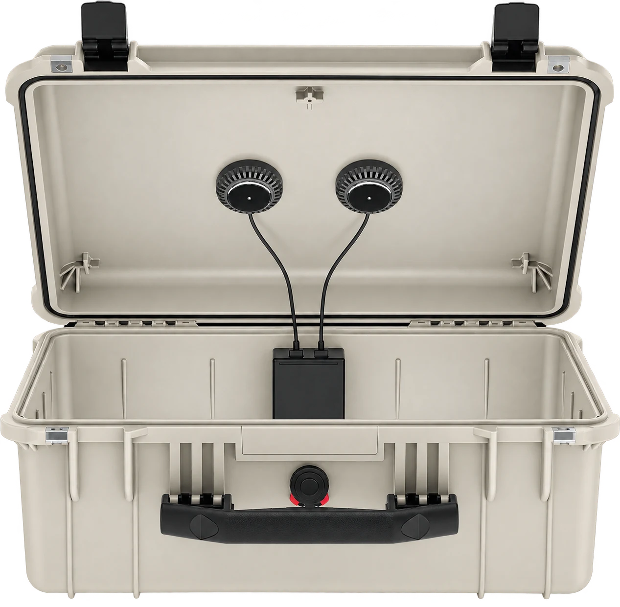 Reso 2 sound pucks and power pack installed inside an open tan hard case